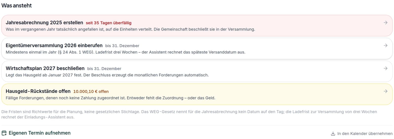 Fristen-Cockpit im Portal: Jahresabrechnung überfällig, Versammlung einberufen, Wirtschaftsplan beschließen, offene Hausgeld-Rückstände